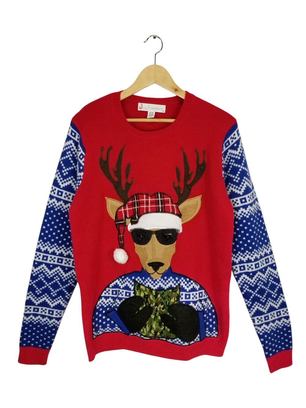 Jolly Sweaters Unisex Ugly Christmas Sweater Reindeer Sunglasses Red Blue Medium